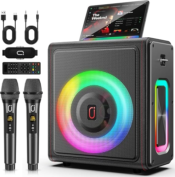 Karaoke Machine for Adults with 2 Wireless Microphones, 200W PA System | Pitch Correction, Bluetooth 5.3, Retro Leather Design, 24H Playtime, TV Connection, TWS Stereo and Live Performance Support