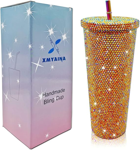 26oz Bling Cup Diamond Studded Tumbler Glitter Water Bottle with Lid and Straws Stainless Steel Vacuum Insulated Coffee Ice Cup Gift for Women (Bright Red)
