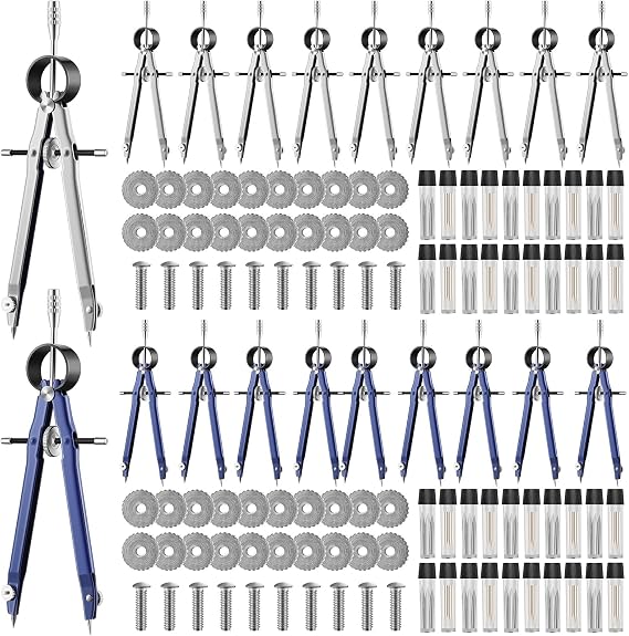 Zonon Professional Compass for Geometry, Metal Drafting Tool,20 Pieces | Back to School Supplies, with Extra Refills, for Office Drafting Drawing Woodworking, Silver, Blue