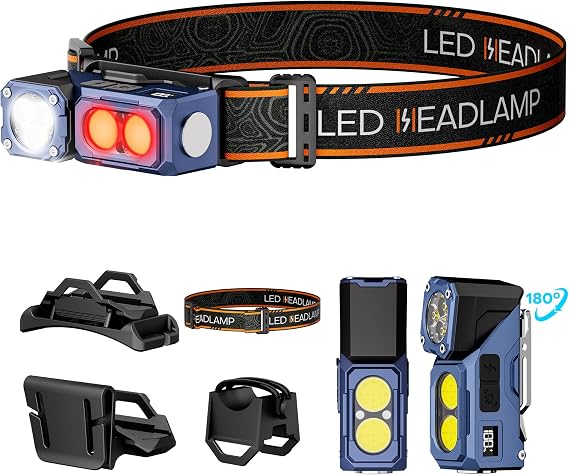 LED Headlamp Rechargeable Flashlight,3-in-1 Head Lamp & Bike Light with Motion Sensor,Red Light & Digital Power Display for Adults, Magnetic Base,IPX5 Waterproof Headlamps for Running,Hiking,Camping