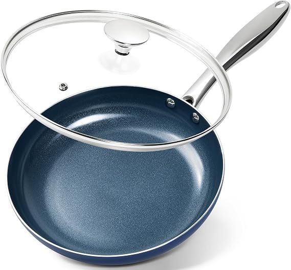 MICHELANGELO 10 Inch Frying Pan with Lid, Blue Frying Pan with Nonstick Diamond Infused Coating, Nonstick Frying Pans, Diamond Fry Pan Blue