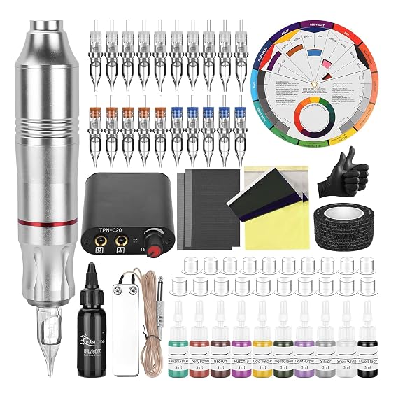 Tattoo Pen Kit Tattoo Cartridge Needles Tattoo Machine for Beginners Rotary Tattoo Pen Kits Complete Tattoo Sets (SILVERY)