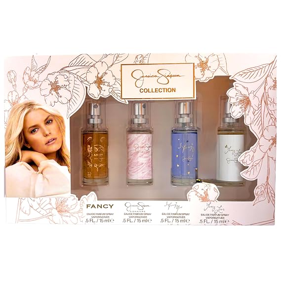 Jessica Simpson Collection 4-Piece Gift Set for Women Mini Eau de Parfum Travel Spray 0.5 Ounce | Includes Fancy, Signature, I Fancy You & Fancy Love, Designer Sampler, Travel Size, Mini Perfume Gift Set