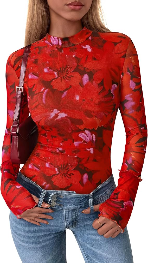 PRETTYGARDEN Womens Floral Mesh Long Sleeve Tops Fall Slim Fitted Shirts