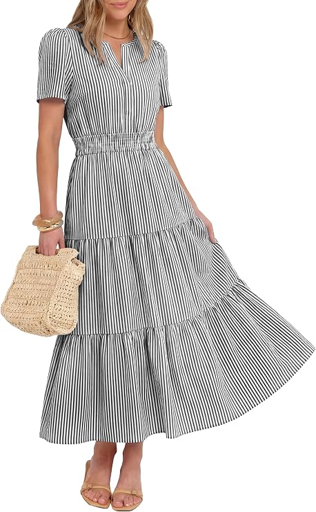 Caracilia Women's Summer Short Sleeve V-Neck Maxi Dress, Gingham & Striped Fabric, Casual A-Line Dress for Beach & Vacation