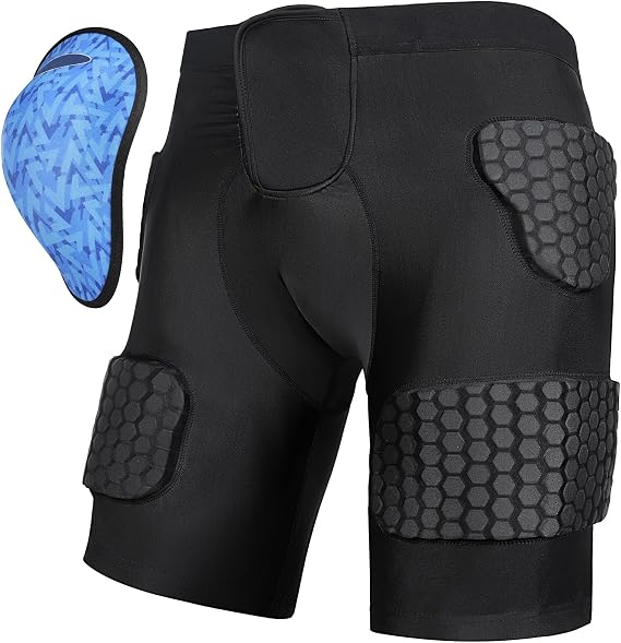 Football Girdle Padded Compression Shorts with Protective Cup,5-Pad Integrated Thigh, Hip Protection Adjustable Waist for Softball, Baseball, Hockey