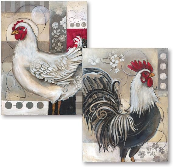Gango Editions 2 Popular Retro Rooster and Chicken Set; Kitchen Decor; Two 12x16in Poster Prints. Red/Black/White/Grey