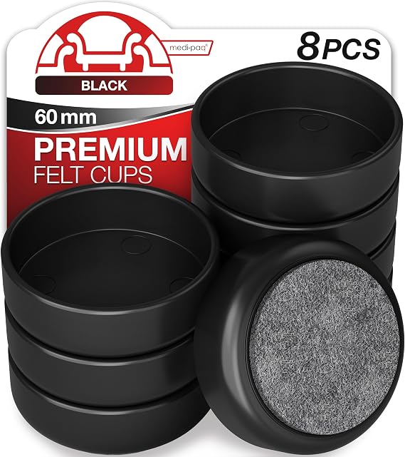 Medipaq Premium Felt Castor Cups for Wooden Floors & Smooth Surfaces - 8x Large 60mm diameter Black - Chair Leg Floor Protectors - Castors for Furniture - Furniture Cups