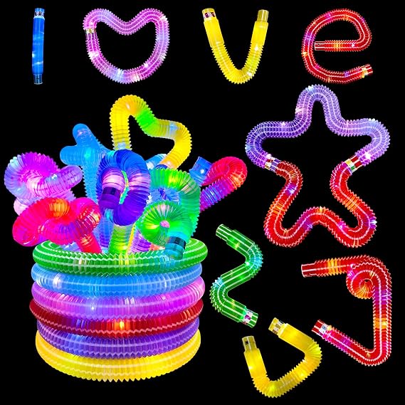 Light Up Pop Tubes LED Sensory Fidget Toys LED Pop Glow Sticks Glow in the Dark Party Supplies for Christmas Party Decorations, 12 Pack Glow Pop Tubes Fidget Toy (C)