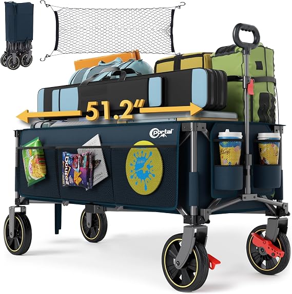 Portal 51.2" Long Wagons Carts Foldable, 400L Large Collapsible Wagon with Wheels, 500 LBs Folding Wagon for Sports, Camping, Grocery