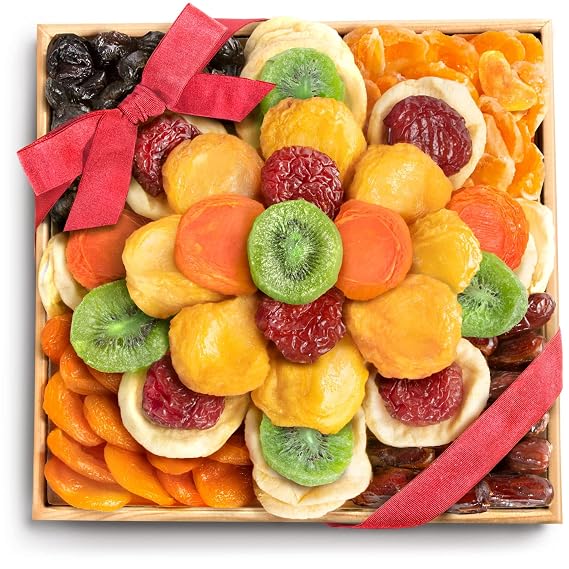 A Gift Inside Dried Fruit Gift Basket in Wooden Serving Tray Gourmet Dried Apples, Apricots, Kiwi, Pears, Peaches, Dates, Prunes, Plums & Mandarin Kosher Pareve OU Certified
