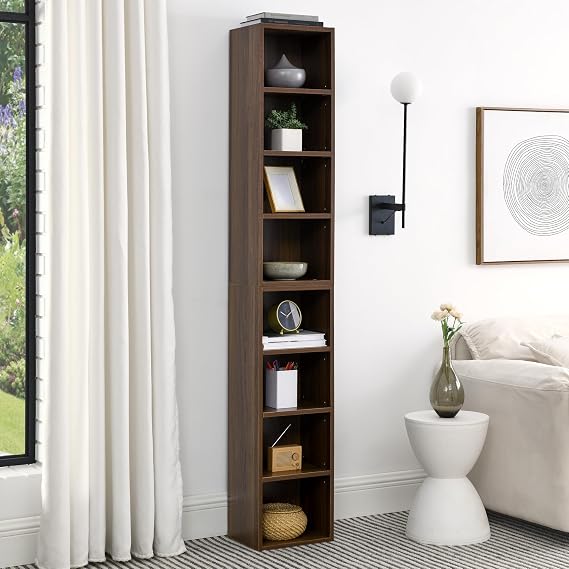 Holaki 8-Tier Media Tower Rack,70.9 Inch Tall Narrow Bookshelf Storage Rack,CD DVD Slim Storage Cabinet with Adjustable Shelves,Multi-Functional Double-Decker Display Bookshelf for Home Office(Walnut)