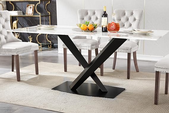 Modern Marble Dining Table, 70" White Kitchen Dining Room Table for 4 6 8 with 0.4" Thick Faux Marble Tabletop and Black Carbon Steel Pedestal,Luxurious Rectangle Large Dinner Table for Dining Room