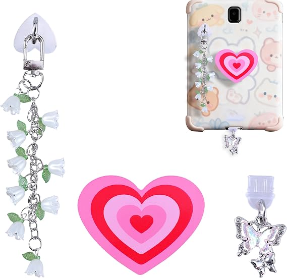 Cute Kindle Accessories Set: Type C Dust Plug Charm + Pink Heart Grip Holder + Flower Keychain Hook - Compatible with Kindle Paperwhite 11th/12th Generation, Stylish Decor & Protection for E-Reader