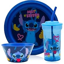 Stitch Kids Tableware Set, BPA Free 460ml Tumbler with Straw, 21.5cm Raised Edge Plate & 14.5cm Bowl – Reusable Plastic Dinner Set for Toddlers & Children 4+ Years
