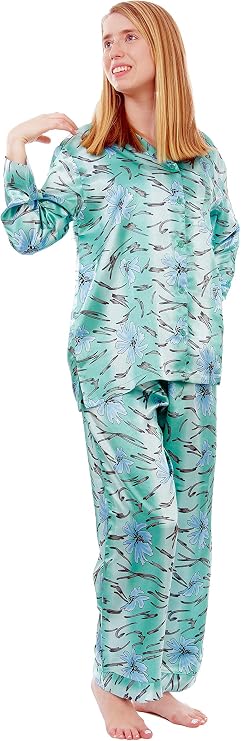 Up2date Fashion Women's Satin Pajama Set Long Sleeve Button Down Sleepwear 2-Piece Silky V-neck PJ Set with Pants