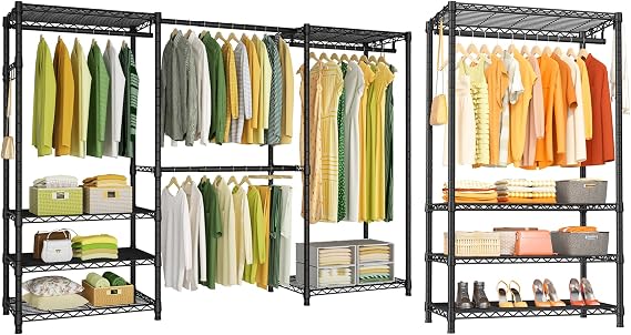 Ulif E1 and H4 Black Garment Rack Bundle, Metal Clothes Rack and Closet Storage System with Shelves and Expandable Hanger Rods, Closet System Wardrobe for Hanging Clothing