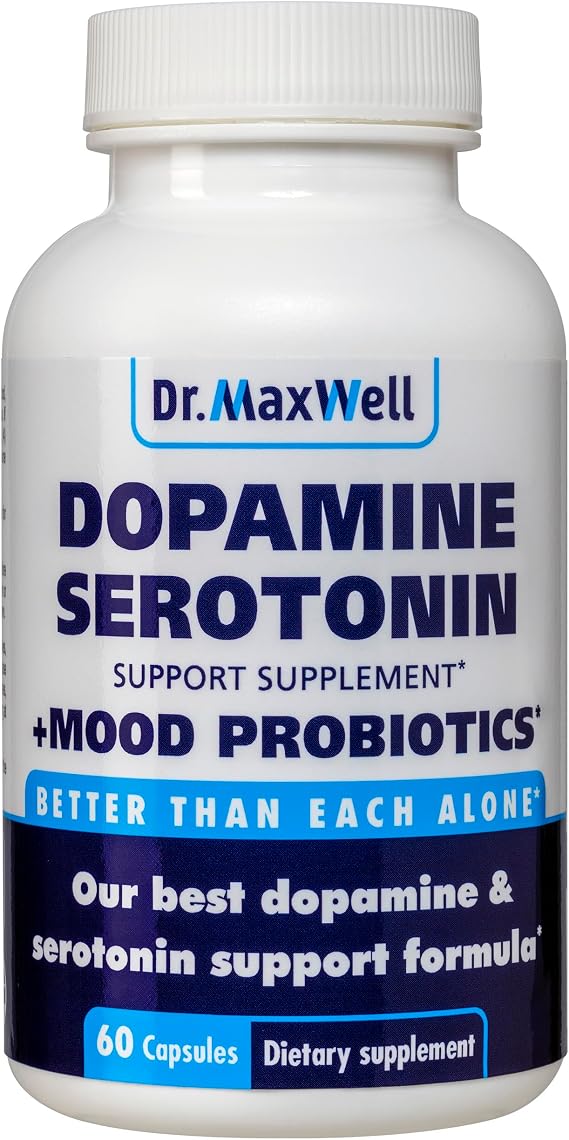 Dr. Maxwell Serotonin and Dopamine Supplements with Mood Probiotic, 5in1 Support for (1) Dopamine (2) Serotonin (3) Mood (4) Relaxation (5) Focus & Brain, 60 Capsules