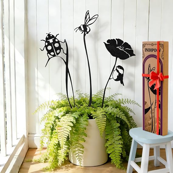 3-Pack Black Ladybug, Bee and Flower Garden Stakes