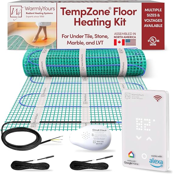 WarmlyYours 73sqft 240V Mat Heated Floor System Kit with WiFi Thermostat | Radiant floor heating system with touchscreen programmable thermostat, two floor sensors, circuit tester, ultra-thin mat