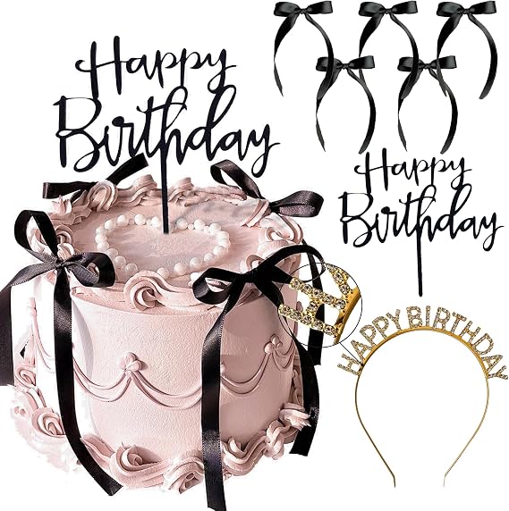 Bow Cake Toppers Black Ribbons Bows for Cake Coquette Themed Bow Cupcake Toppers Black Bow Birthday Decorations for Baby Shower, Birthday, Wedding, Bachelorette, Valentines Day Decoration