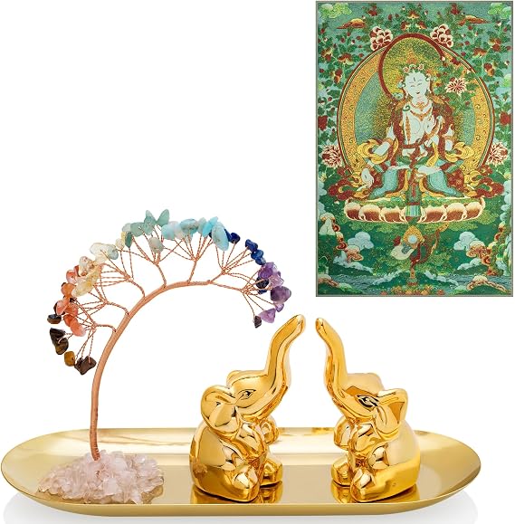 ZenBless 7 Chakra Healing Crystal Tree Ceramic A Pair Elephant Statues Decor Gifts,Home Decor, Feng Shui Good Luck, and Silk Embroidery Tibetan White Tara Thangka Tapestry Wall Hanging Wall Art