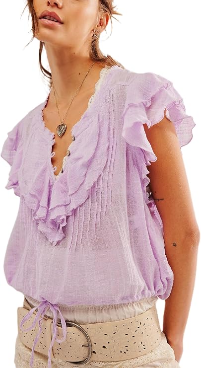 Women Summer Cute Button Shirt Y2K Low Cut V-Neck Short Sleeve Ruffle Trim Blouse Top Y2K Going Out Shirt Streetwear