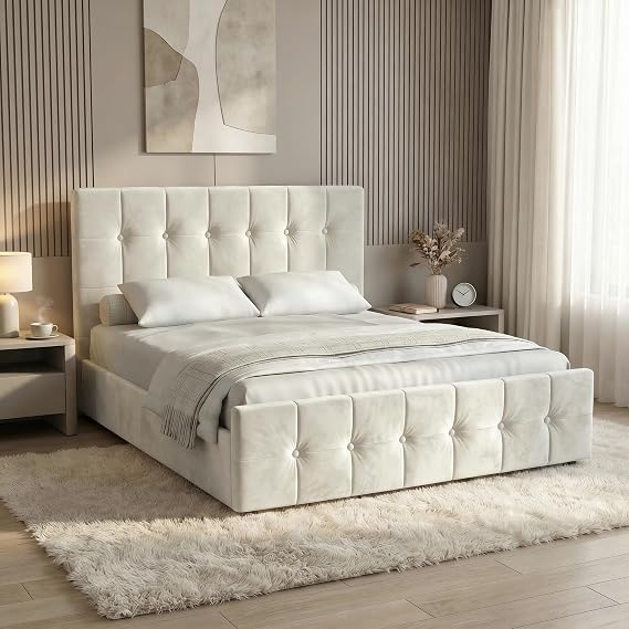 Blisswood 5ft King Size Ottoman Bed Frame, Velvet Upholstered Storage Bed, Gas Lift End Opening Bed Frame with Wooden Slats, Heavy Duty Metal Support Base, Space Saving Under Bed Storage, Beige