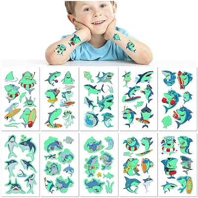 10 Sheets Glow in The Dark Shark Temporary Tattoos for Kids Waterproof Cartoon Ocean Party Fun Stickers Cute Marine Animal Gift