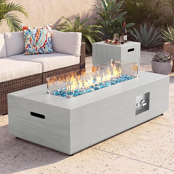 SUNPEAK 42" Rectangular Propane Fire Pit table, 50,000 BTU Fireplace Table with Wind Guard Glass, Lid, Rocks and Cover, Outdoor Fire Pit for Deck or Patio, Fogata para Patio (Light Grey, 42" Standard)