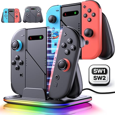 Charging Grips Compatible with Nintendo Switch 2/Switch 1st Gen Joy Con with Charger Dock, Ergonomic Grips Switch Charger Station LED Light with USB C Cable Charging Accessories