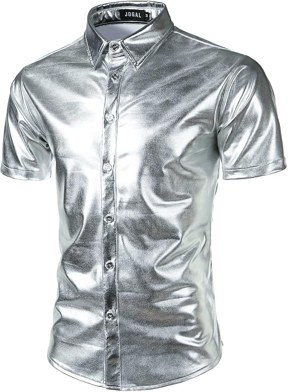 JOGAL Mens 70s Disco Shiny Metallic Short Sleeve Button Down Shirts | Gold, Silver, Nightclub, Theme Party, Suit for Costumes, Cosplay, Casual, DJ, Stage Performance, Halloween, Regular Fit