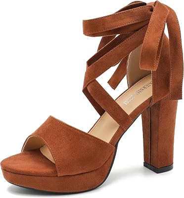 MAIERNISI JESSI Womens Strappy Platform Sandals, Chunky High Heel with Lace-Up Ankle Tie, Open Toe, 3.94 Inch