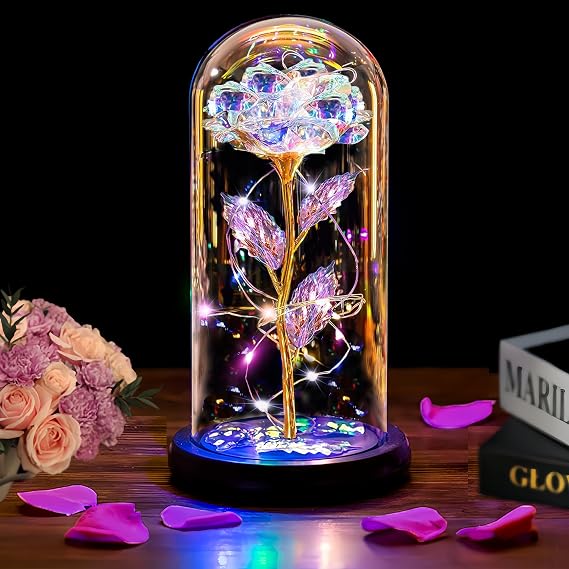Thrjia Mothers Day Rose Flowers Gifts for Mom Wife Women Grandma,Mothers Day Presents Wife Grandma Mom from Daughter,Birthday Gifts for Women Light Up Rose in A Glass Dome Presents for Her Gold