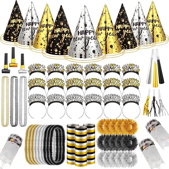 Silipull 156 Pcs New Years Eve Party Supplies Kit for 36 Guests 2026 Happy New Year Hats Headband Tiara Metallic Fringed Noise Makers Blowing Horns Blowout Necklace Wristband