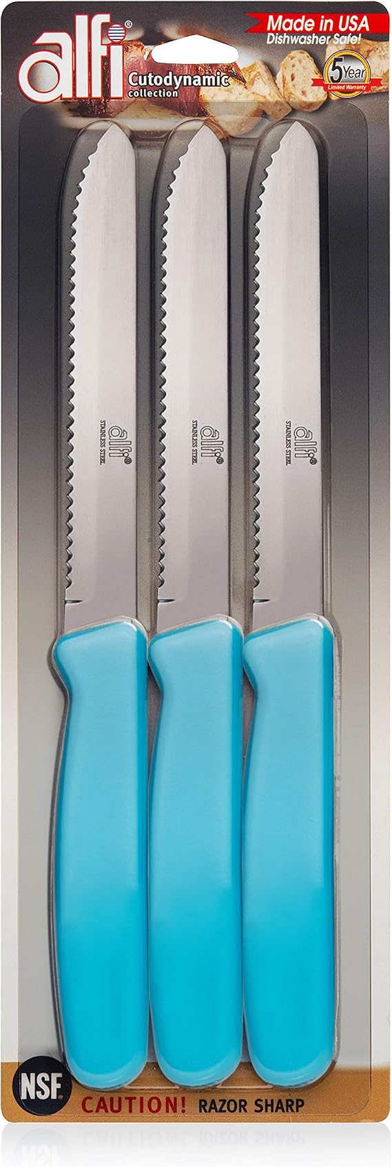 Alfi All-Purpose Knives Aerospace Precision Rounded Tip - Home And Kitchen Supplies - Serrated Steak Knives Set | Made in USA (3 Pack, Bahama Blue)