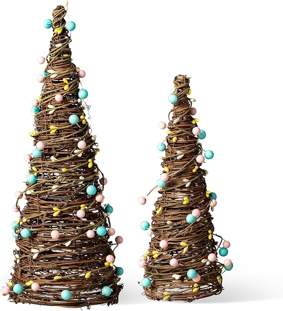 Glitzhome Set of 2 Easter Table Tree with Rattan and Berries for Spring Easter Party Supplies Props