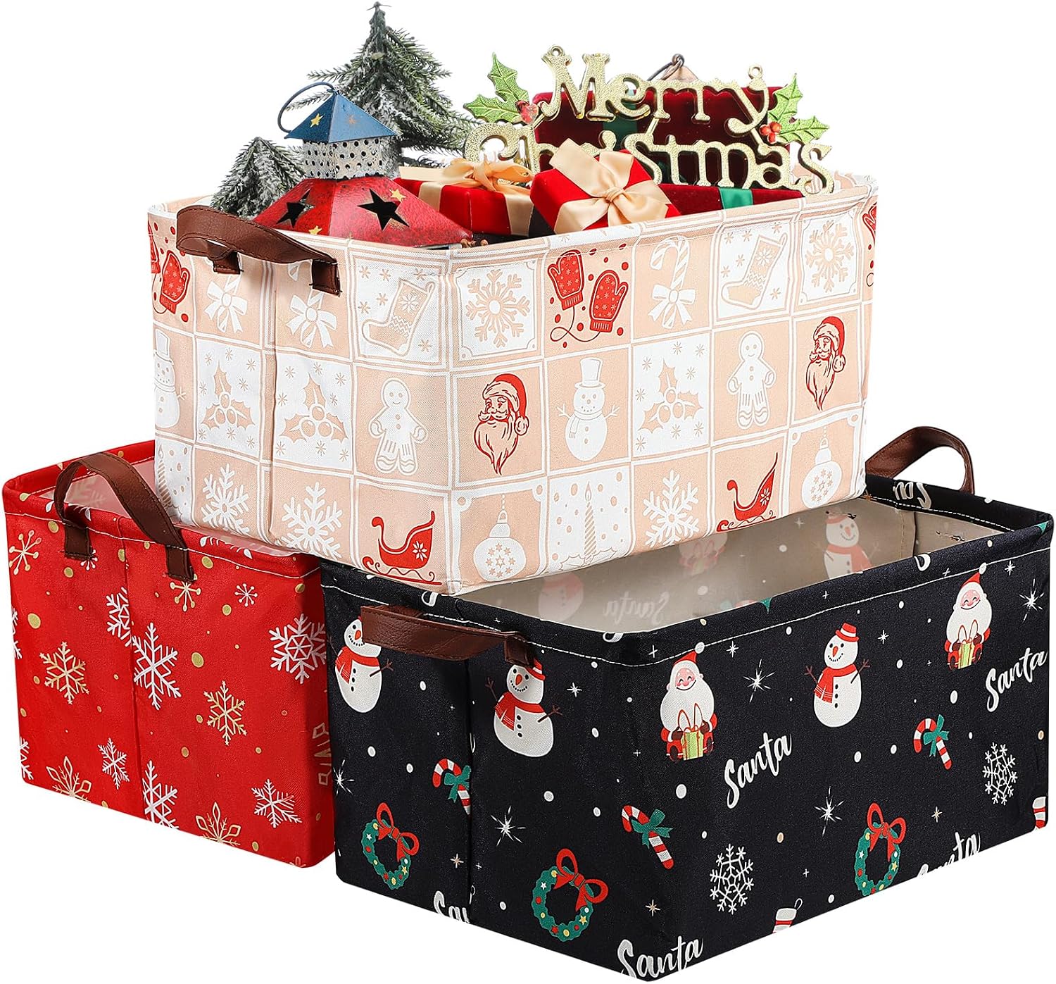 3 Pack Xmas Christmas Storage Baskets Waterproof Canvas with Leather Handles Collapsible Storage Bins Cube Red Black Baskets for Closet Clothes Room Decor Gift Basket