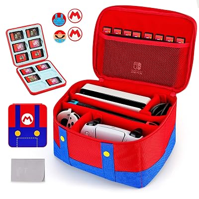 Owngen Carry Case for Nintendo SwitchOLEDLite, Portable Soft Shell Waterproof Protective Travel Carrying Accessories Storage Bag with Cute Game Card Case, 4 Thumb Grip Caps