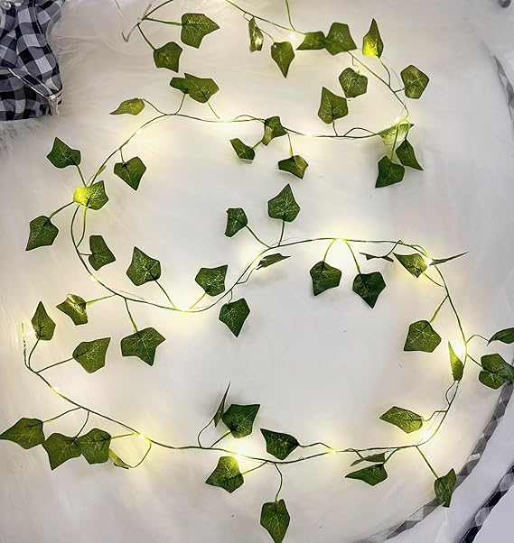 Guirlande lumineuse avec feuilles, chaine lumineuse de lierre 2m, Artificial Green Leaf Ivy Vine with 20 LED Light, Spring Plants Decoration for Wall Wedding Party Garden Festival