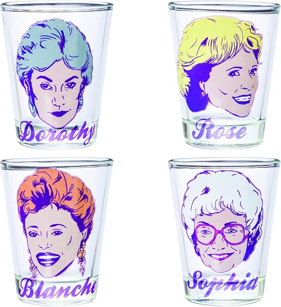 Silver Buffalo Golden Girls Featuring Dorothy, Rose, Blanche, and Sophia 4 Pack Mini Glass Set, 1.5 Ounces