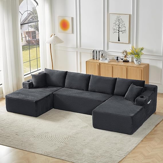 KIVENJAJA 133.5" Oversized U Shaped Sectional Cloud Couch, Corduroy Modular Sectional Sofa with Cup Holders & Side Pockets, Modern Deep Seat Boneless Couches for Living Room, Apartment, Dark Grey