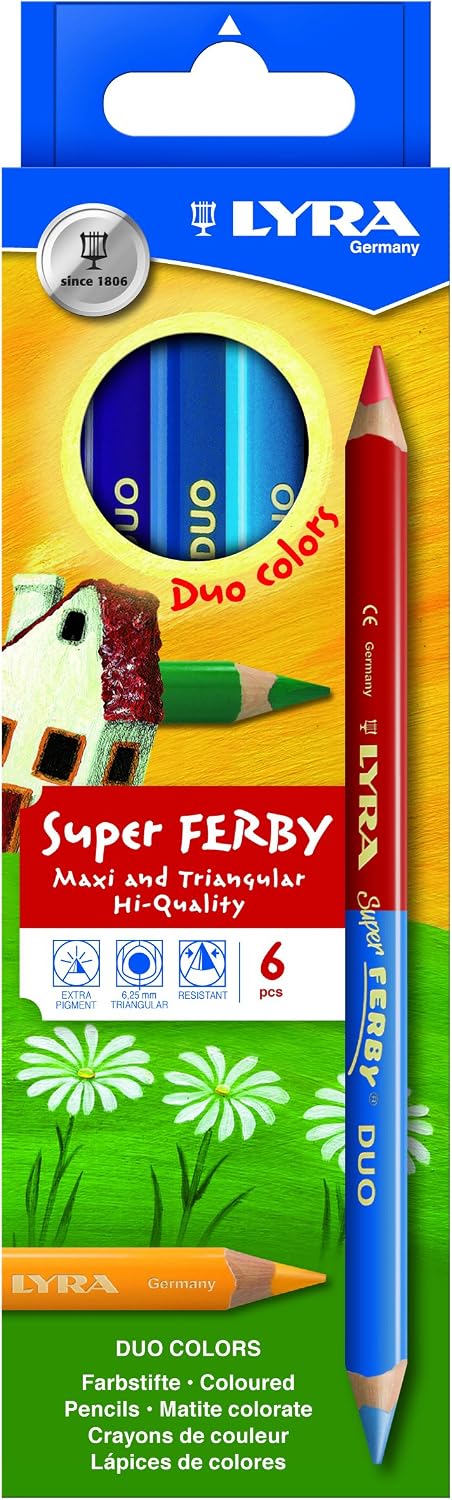 Lyra Super Ferby Duo Bi-Colour Wooden Chunky Colouring Pencils, 6 Assorted Colours, Ideal for Children and Schools