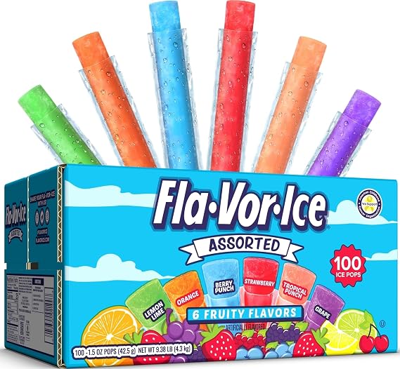 Fla-Vor-Ice Popsicle Variety Pack, Ice Pops, Assorted Flavors, 100 Count | 1.5 oz freezer bars, Freeze and Eat Popsicles, Frozen Snacks Dessert Bars for Kids and Adults, Real Fruit Juice
