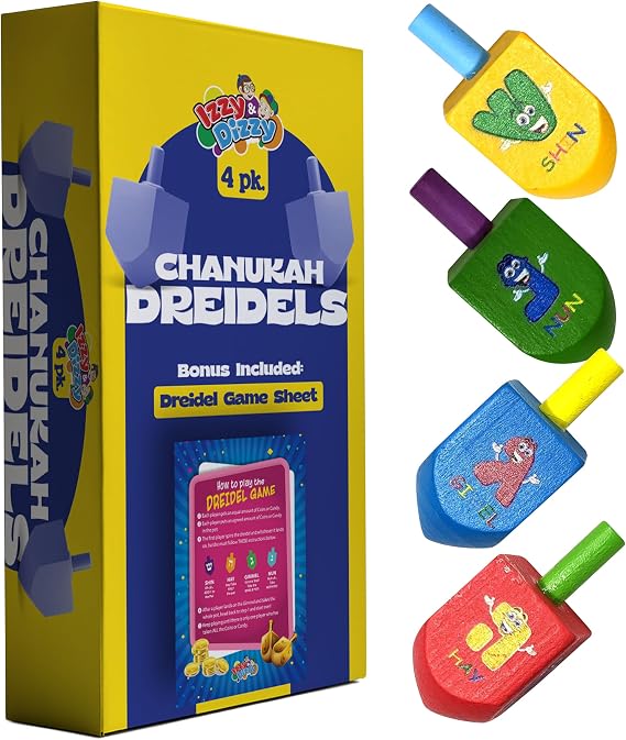 Izzy 'n' Dizzy Hanukkah Dreidels - Character Print Wooden Dreidel - 4 Pack Medium