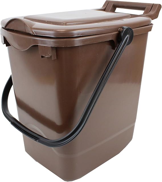 Large Compost Caddy - Brown - for Food Waste Recycling (23 Litre) - 23L Plastic Composting Kerbside Bin with Composting Guide