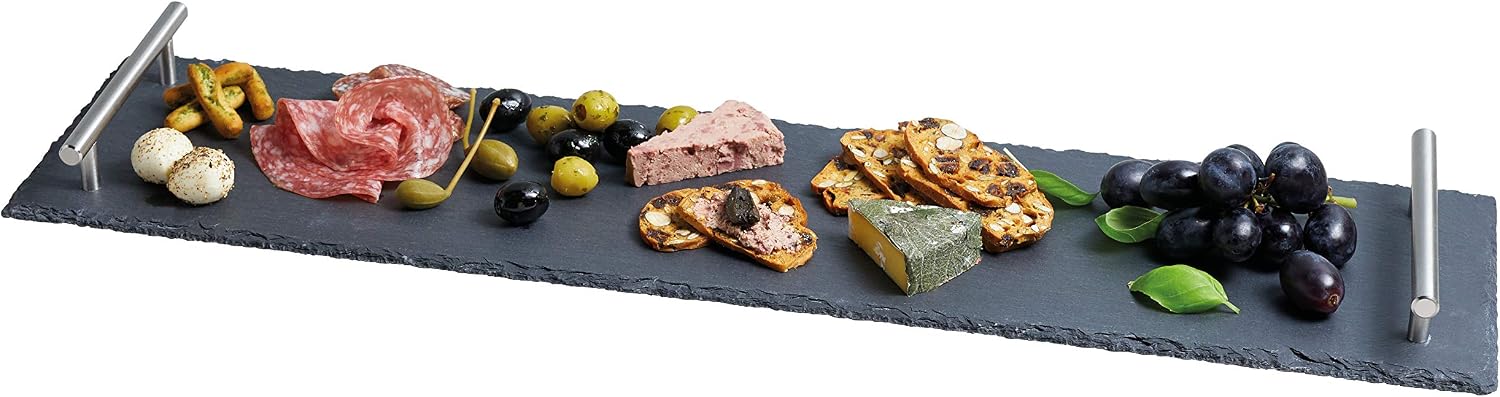 Artesa Tableware, Slate Serving Platter with Brushed Metal Handles, 60 x 15cm, with Gift Box