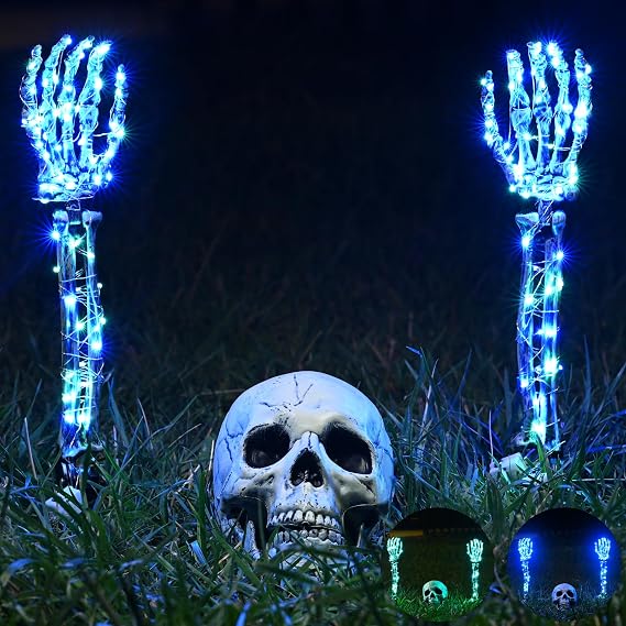 Maxee Halloween Lighted Skeleton Set, Skull Arms Stakes with 2 Blue 3 m LED Lights & 2 Green 3 m LED Lights (3 Modes), Realistic Halloween Decoration for Outdoor Garden Yard Graveyard