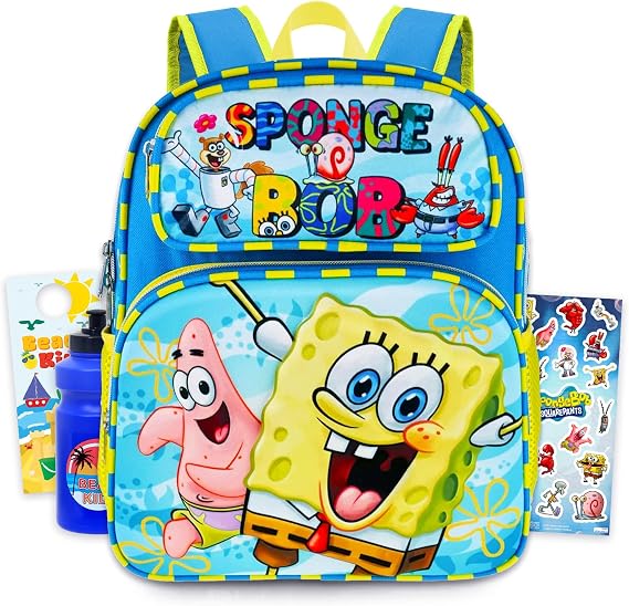 Spongebob Mini Backpack for Toddlers Bundle - 12" w Adjustable Straps | Spongebob Squarepants Small Backpack w Pocket for Travel & Daypack w/ Water Bottle, Stickers, More ~ Fits Girls, Boys, Adults