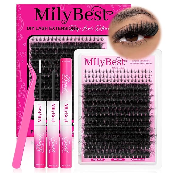MilyBest Long Fluffy Lash Clusters Kit 200D with Bottom Lashes, 16-25mm